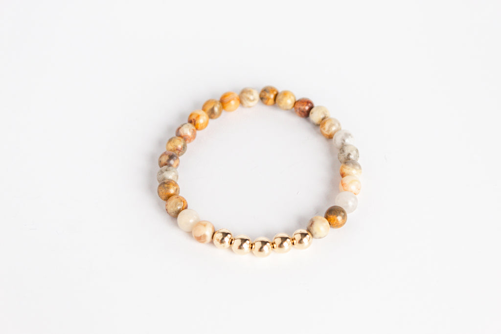 Handmade Crazy Agate gemstone and 14K gold filled Beaded Stretch Bracelet by Olivia on The Always Busy Mama team