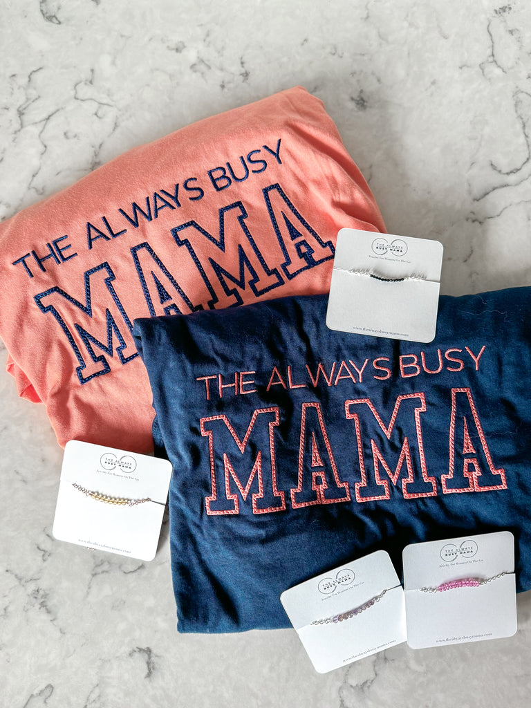 BellaCanvas soft spun crew neck t-shirt with "The Always Busy Mama" block lettering.