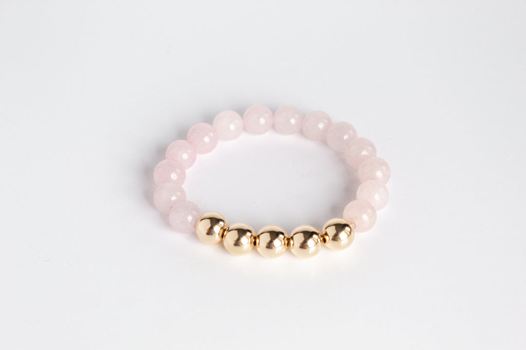 Handmade Pink Quartz gemstone and 14K Gold Filled Beaded Stretch Bracelet by Olivia on The Always Busy Mama team