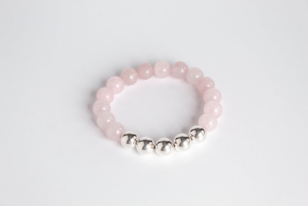 Handmade Pink Quartz gemstone and Sterling Silver Beaded Stretch Bracelet by Olivia on The Always Busy Mama team