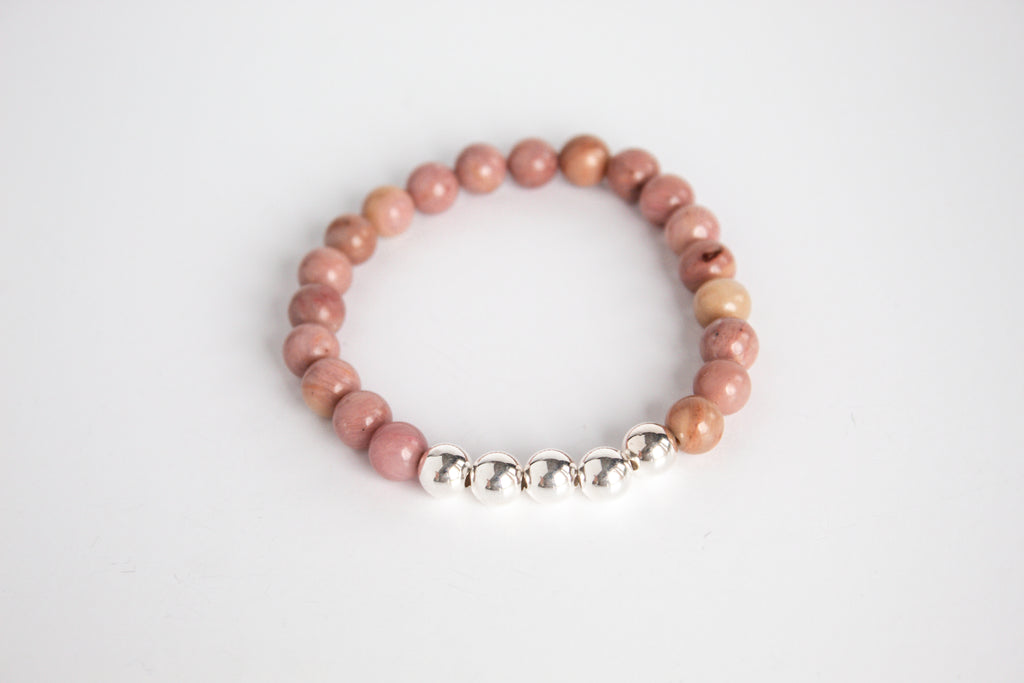 Handmade Pink Rhodanite gemstone and Sterling Silver Beaded Stretch Bracelet by Olivia on The Always Busy Mama team