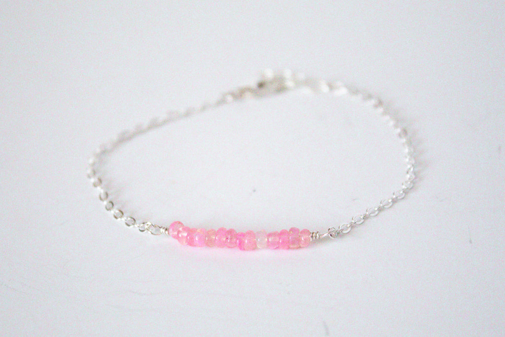 Moments and Milestone chain bracelet with pink opal gemstones on a sterling silver chain.