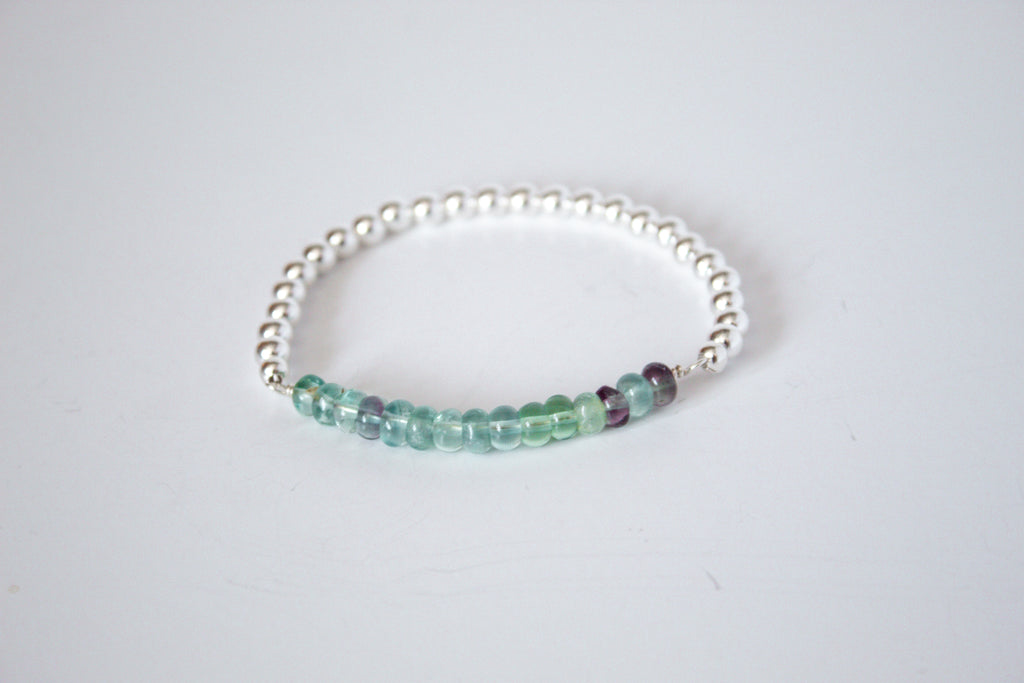 Rainbow Fluorite stone with sterling silver beads, part of the perfect stretch bracelet on a white background  