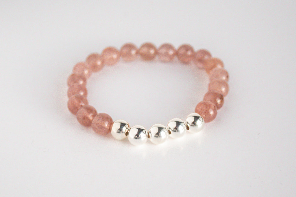 Handcrafted Strawberry Quartz gemstone and Sterling Silver Beaded Stretch Bracelet by Olivia on The Always Busy Mama team