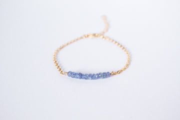 Moments and Milestone chain bracelet with tanzanite gemstones on a 14k gold filled chain.