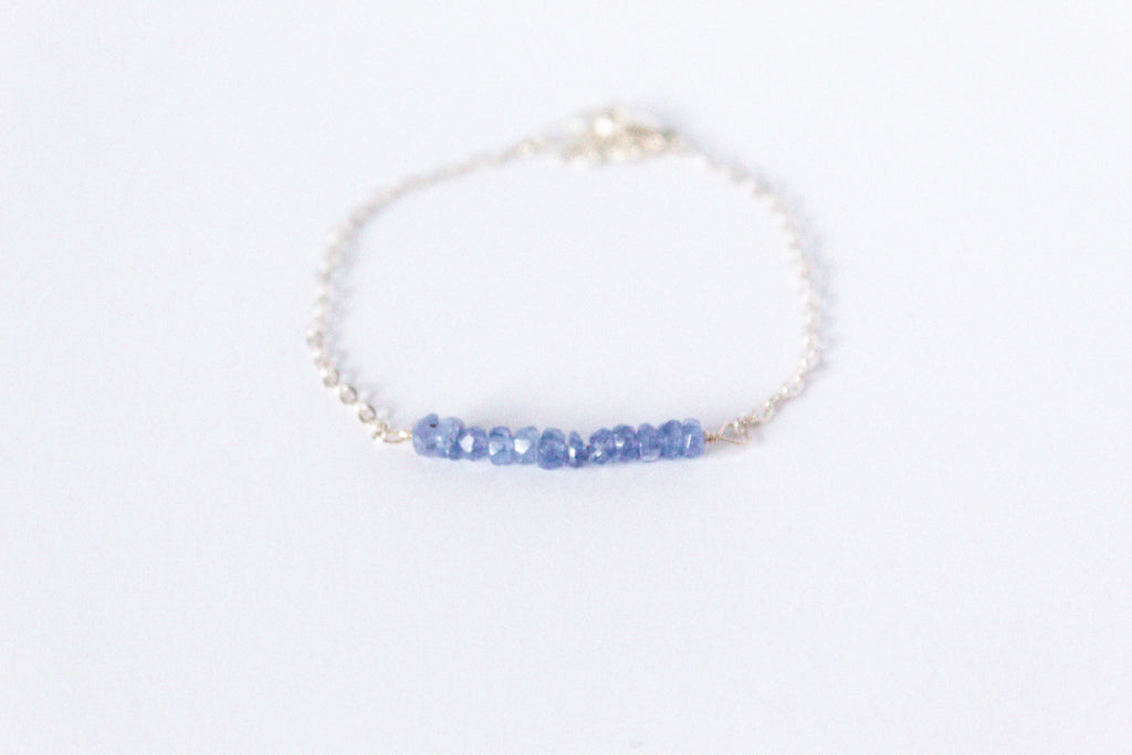 Moments and Milestone chain bracelet with tanzanite gemstones on a sterling silver chain.