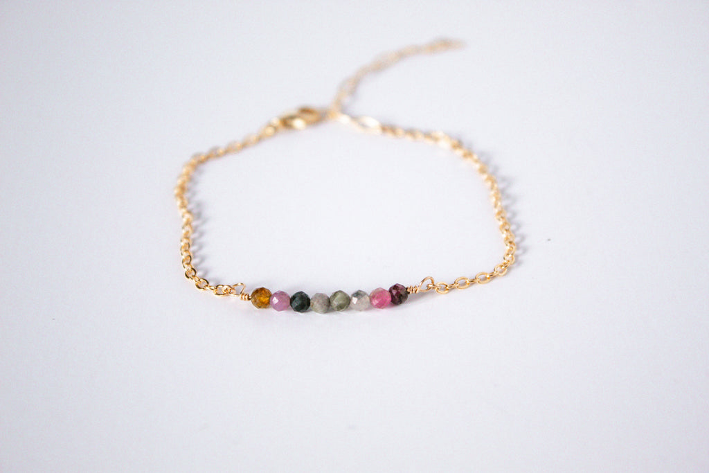 Moments and Milestone chain bracelet with tourmaline gemstones on a 14k gold filled chain.